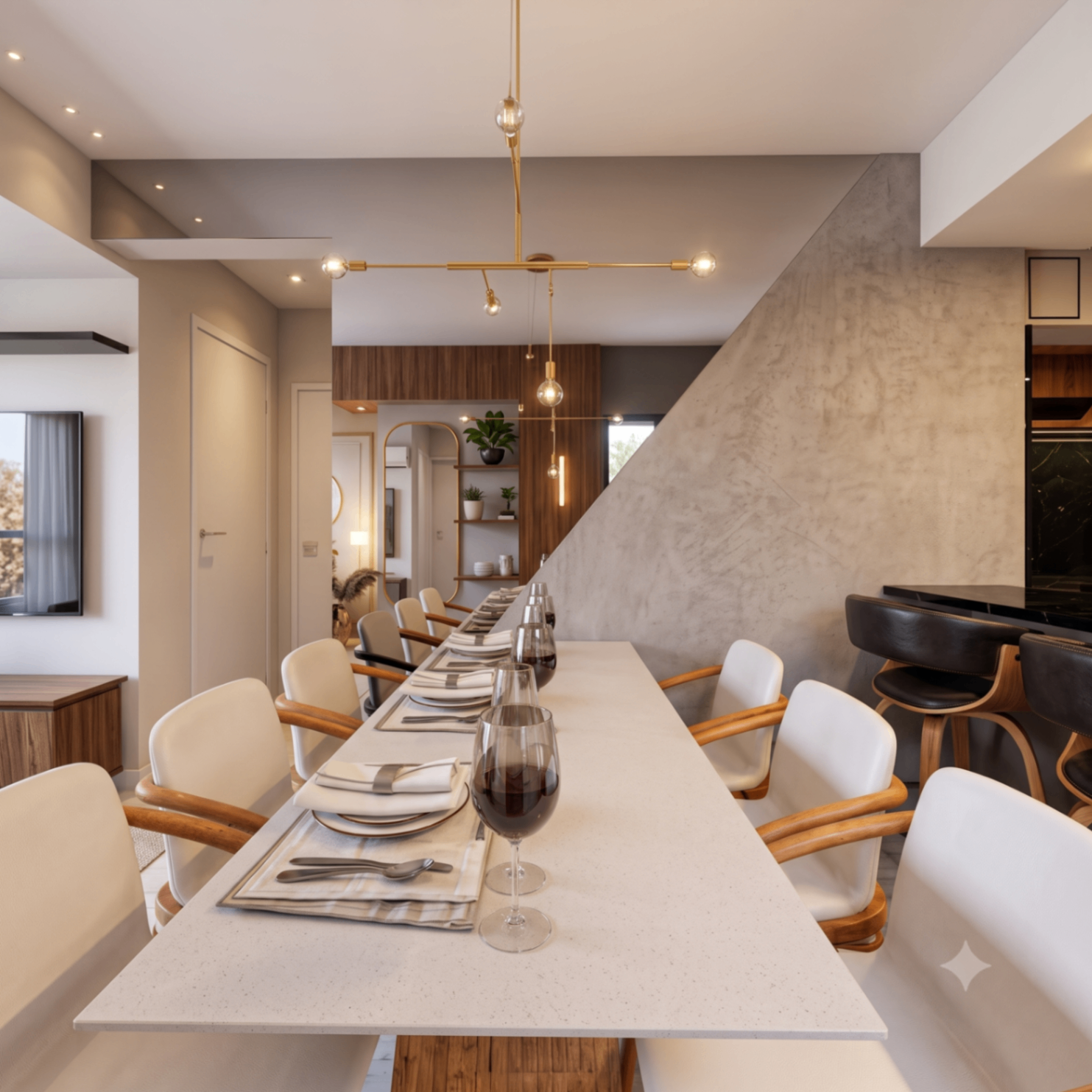 Mesa de jantar contemporânea com luminária dourada e integração com a cozinha