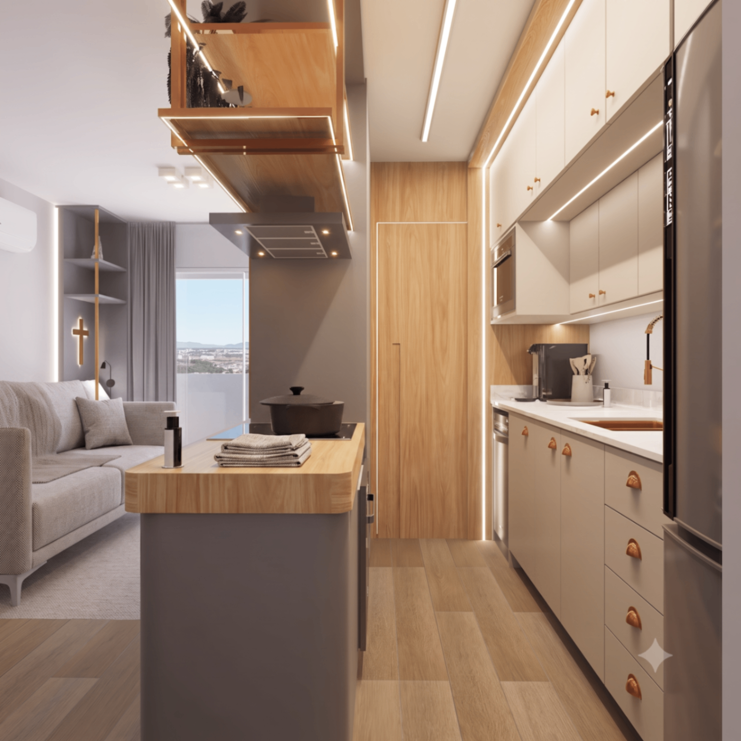 Cozinha linear integrada à sala com iluminação embutida e acabamento amadeirado