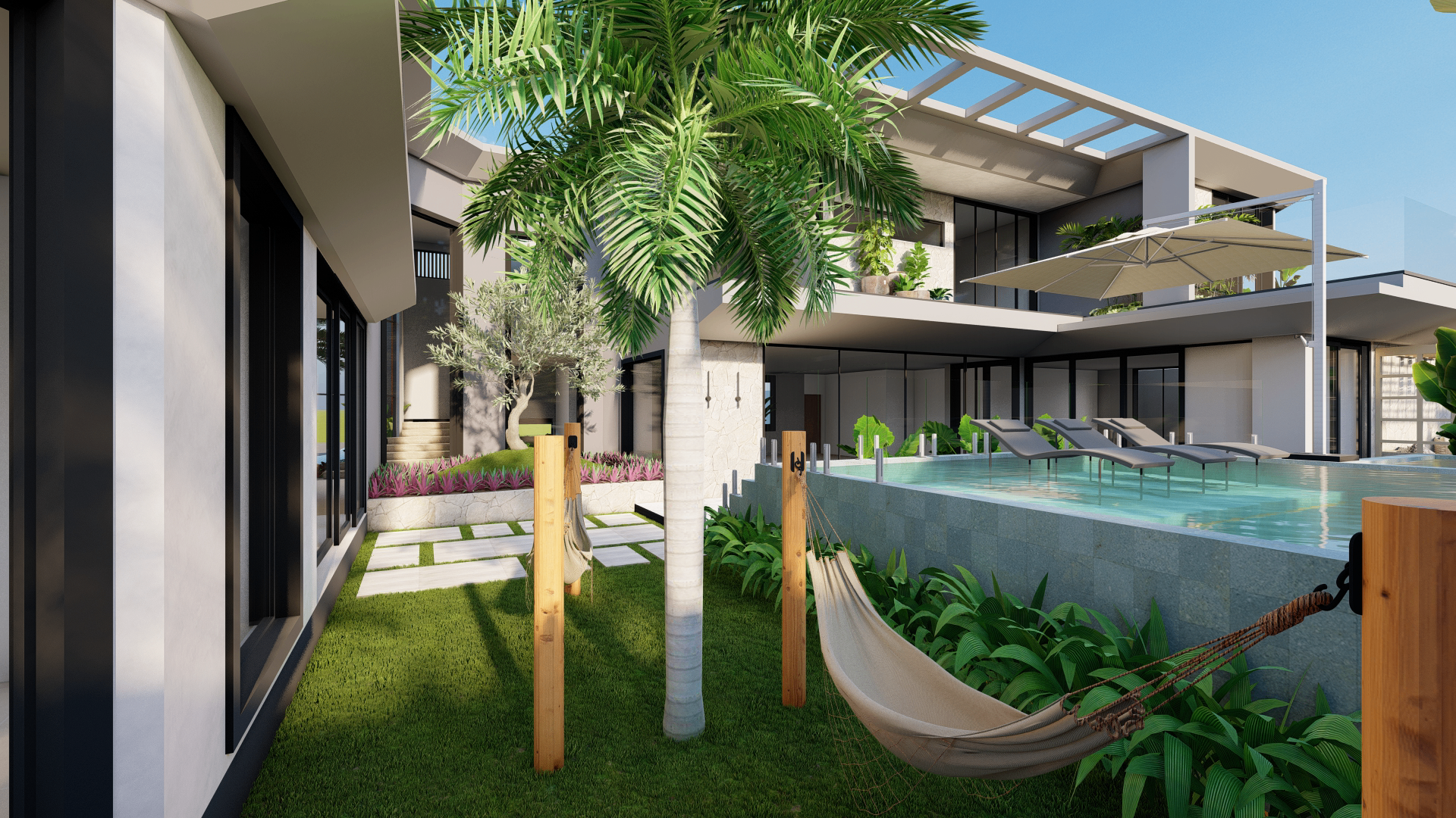 Jardim com rede, palmeira e piscina elevada