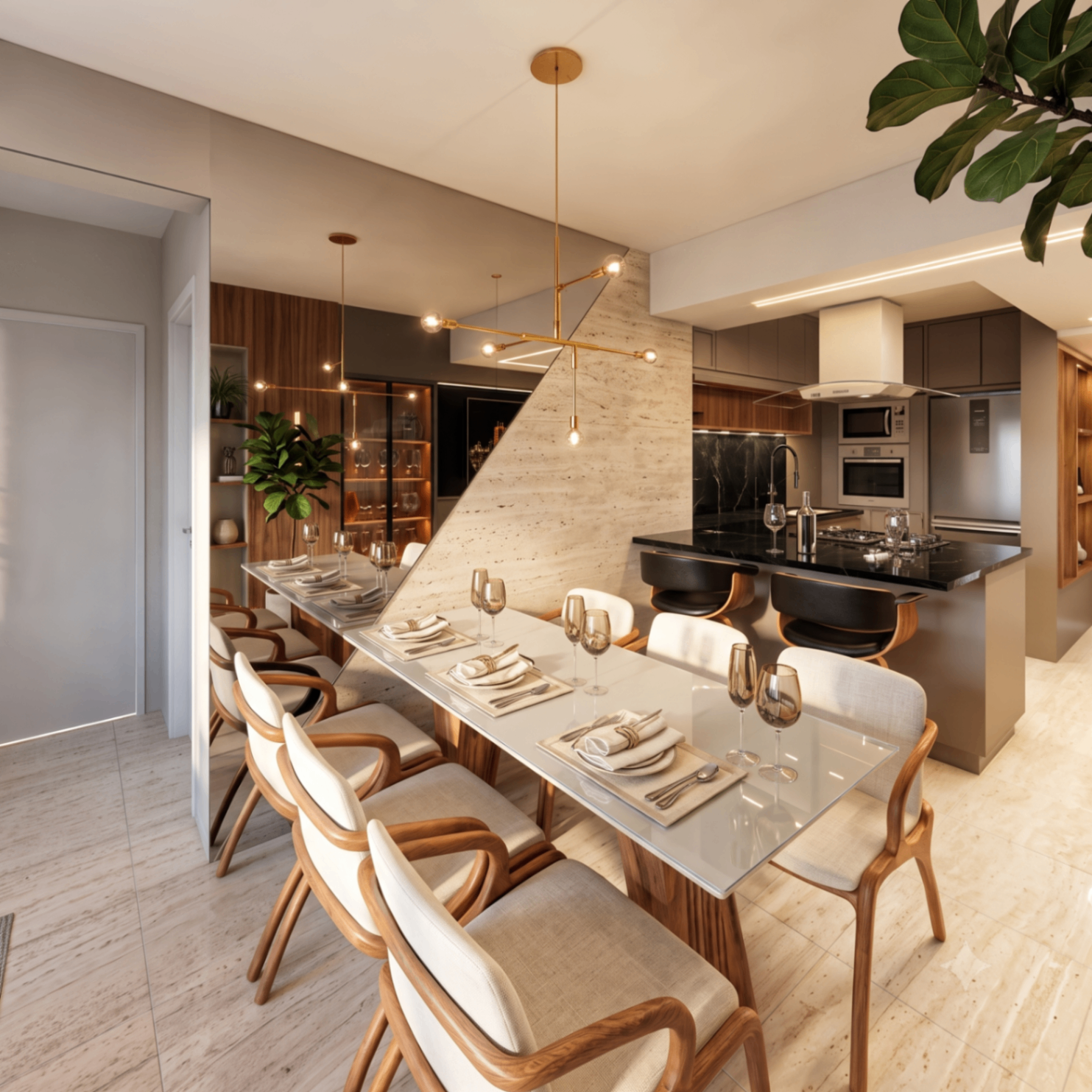 Sala de jantar integrada com cozinha sofisticada e iluminação em dourado