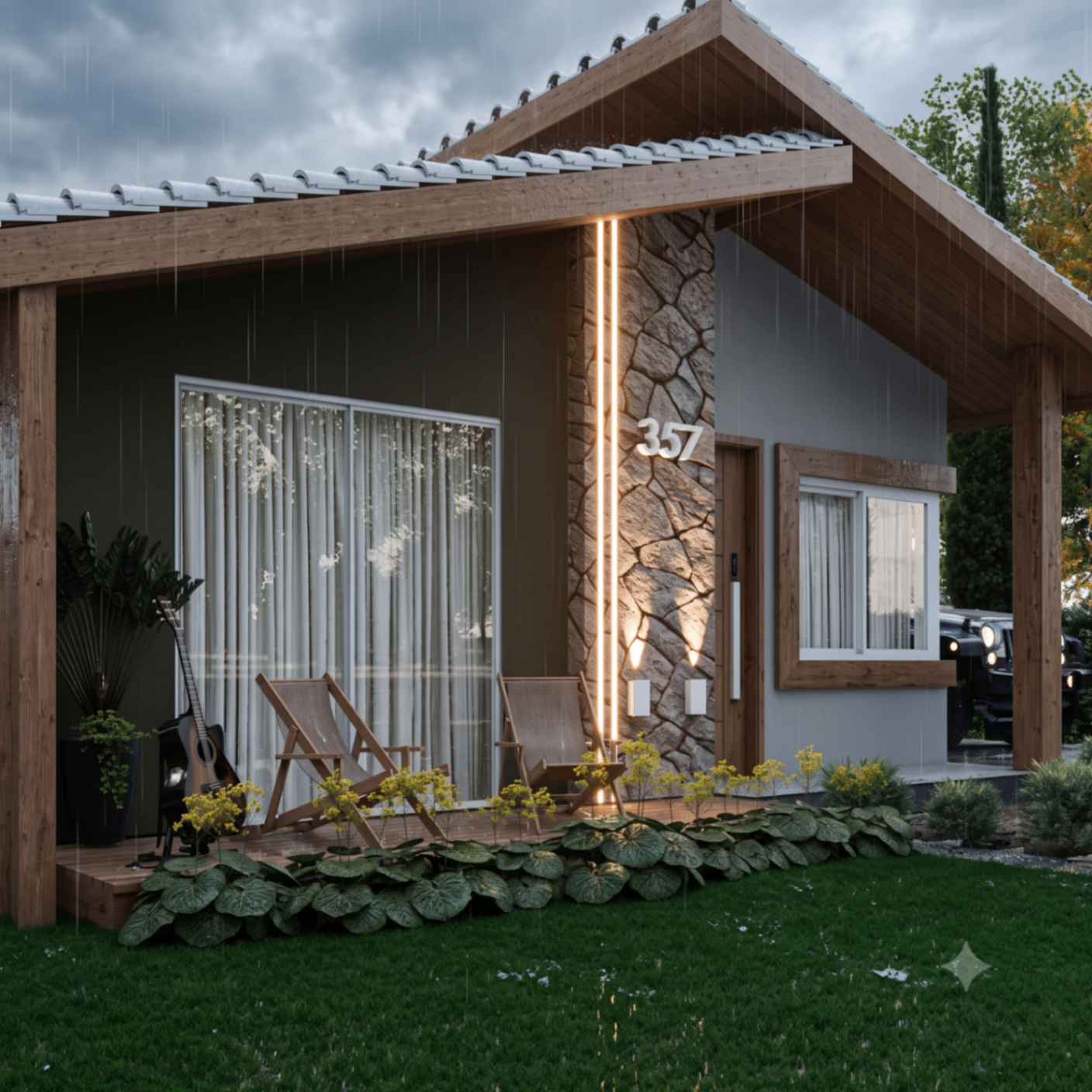 Fachada residencial elegante em dia chuvoso com iluminação vertical