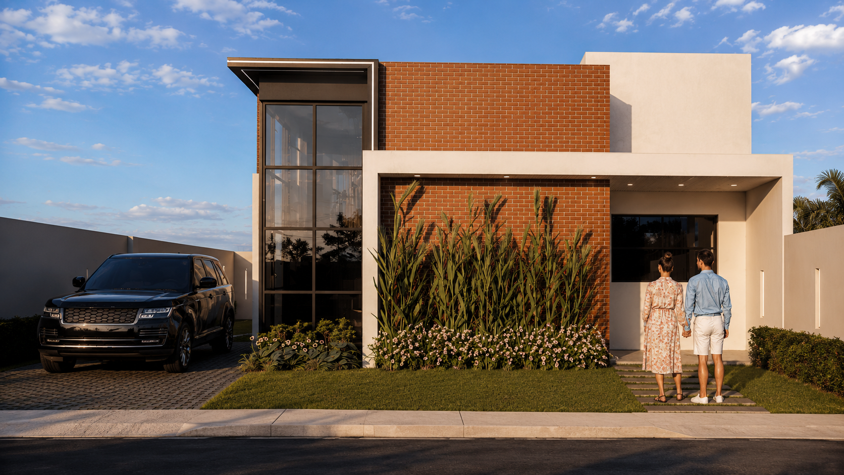 Fachada autoral com tijolo aparente e paisagismo
