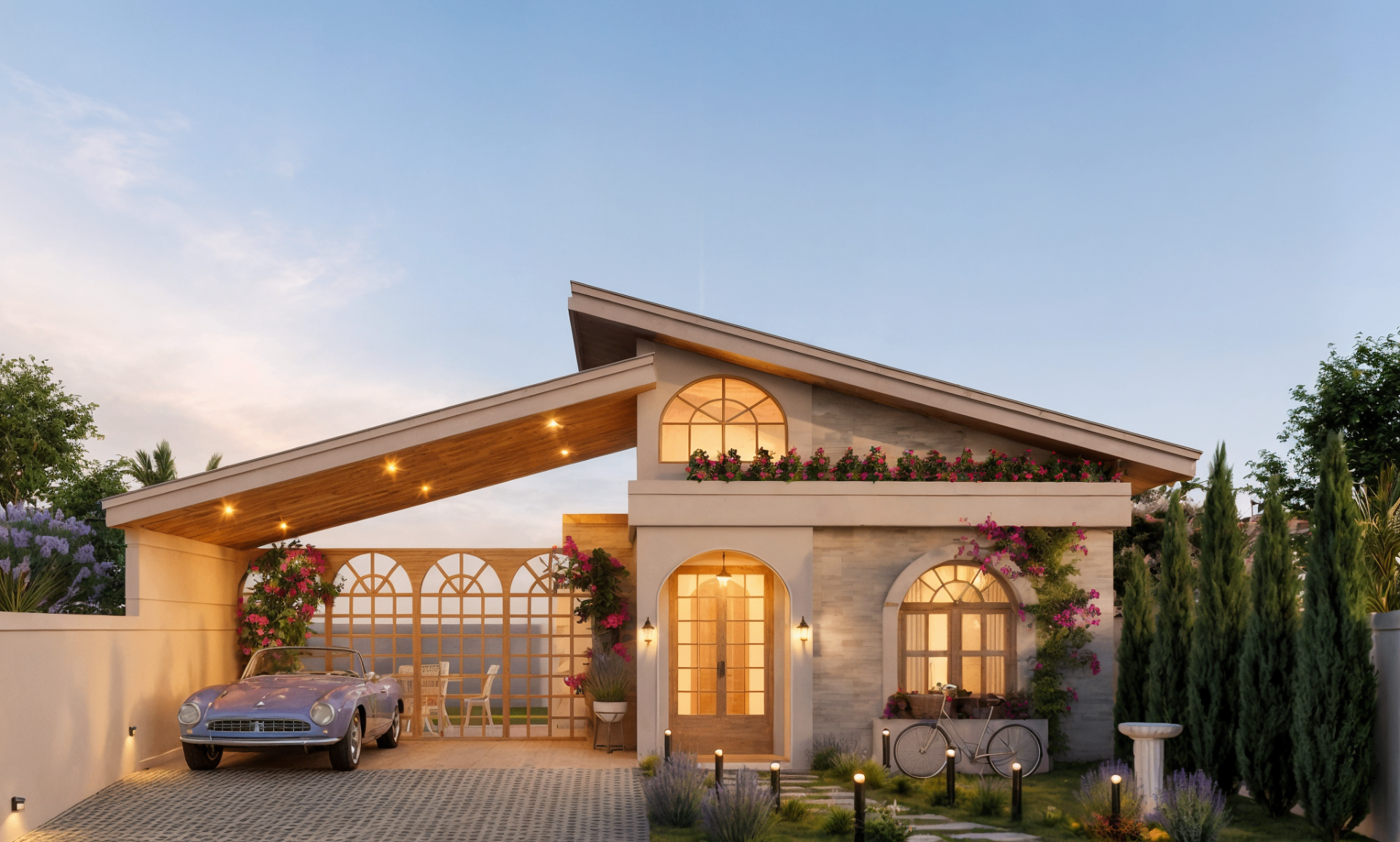 Casa Merano com iluminação acolhedora ao entardecer