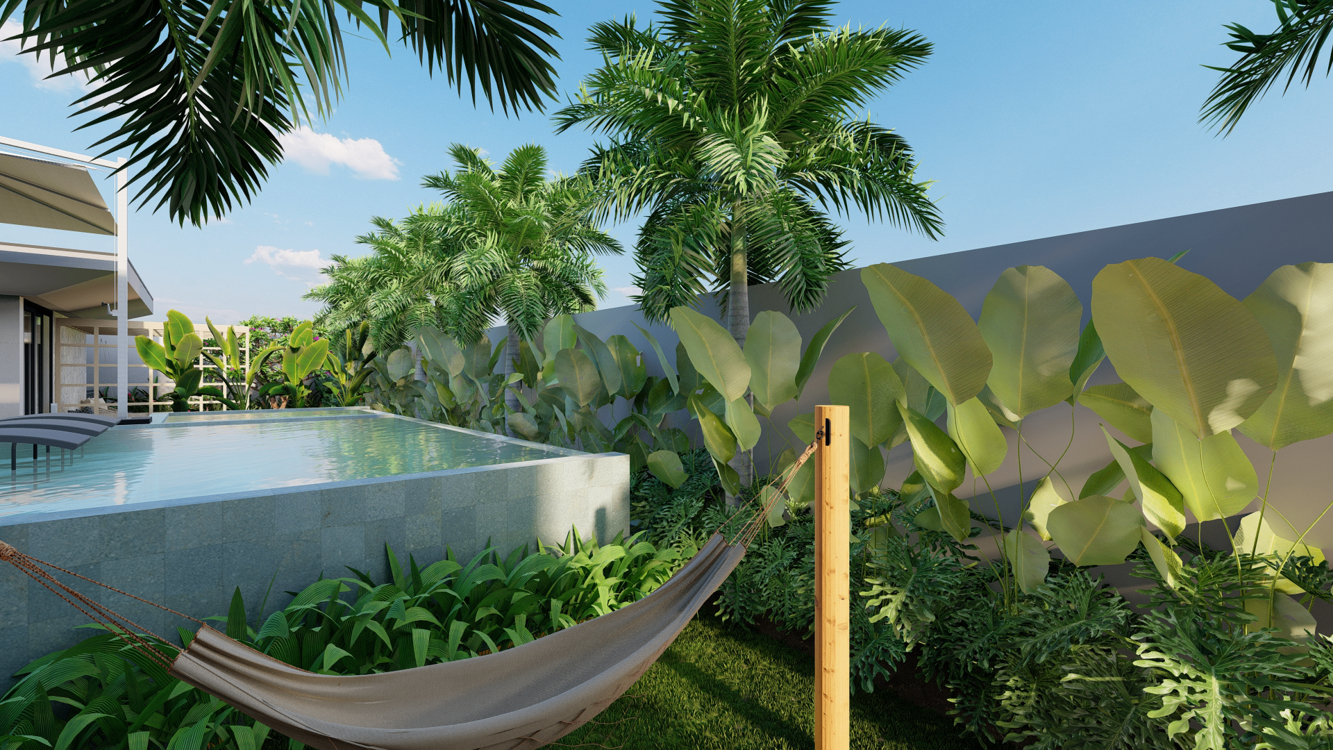 Piscina elevada cercada por jardim tropical