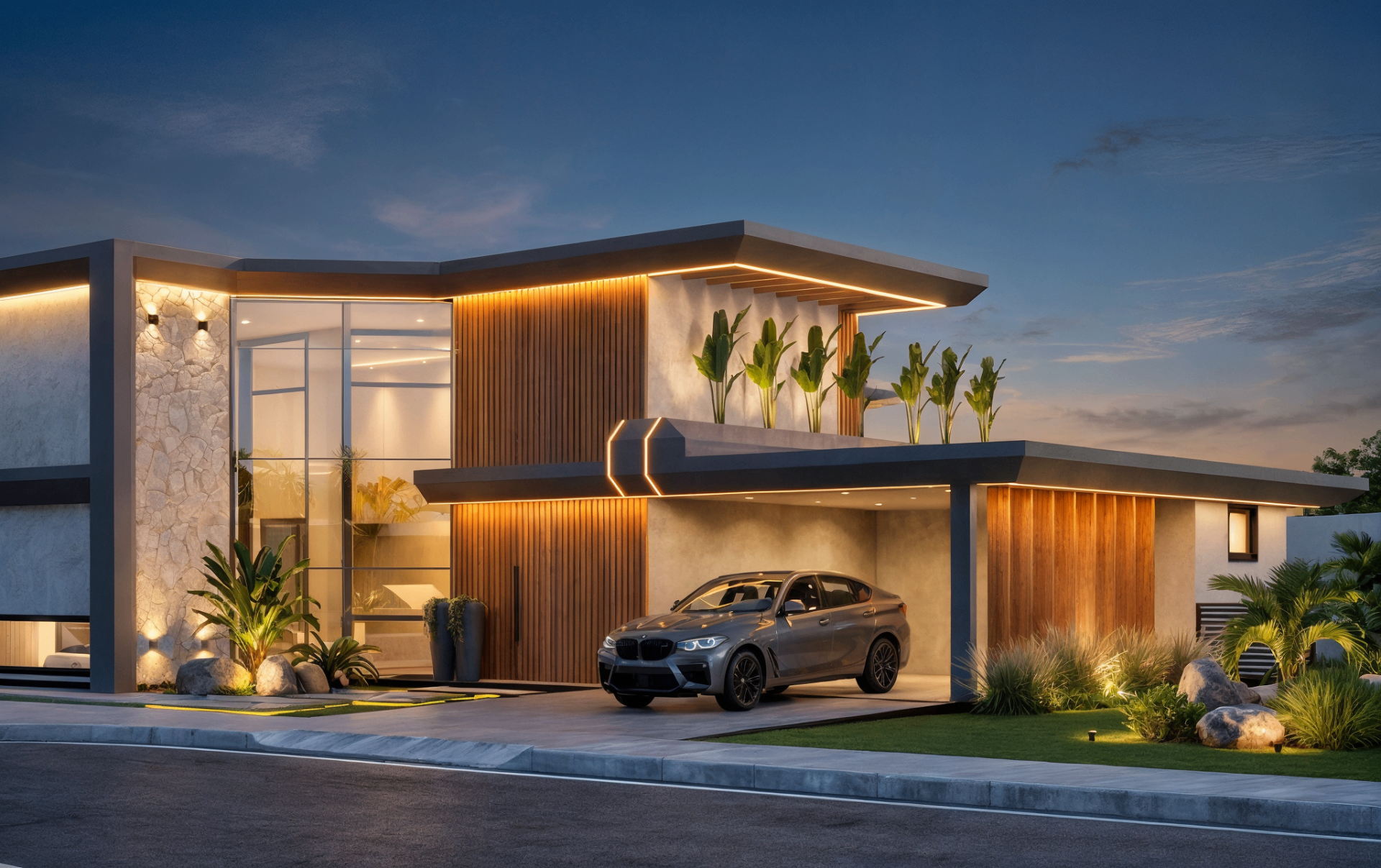 Residência contemporânea com iluminação cênica noturna