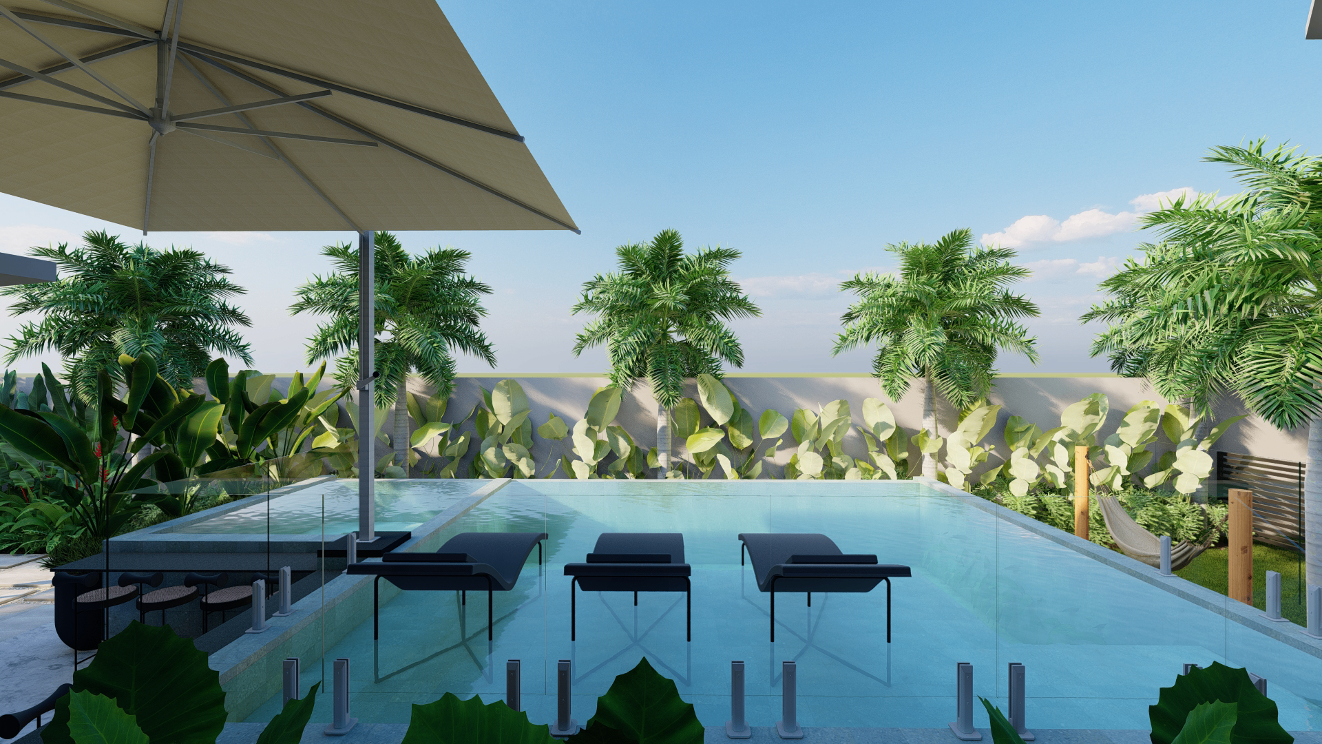 Piscina com deck, espreguiçadeiras e paisagismo tropical